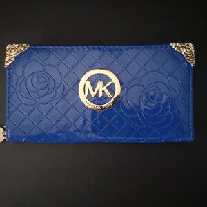 Michael Kors Royal Blue w/ Gold Tone Accents Zipper Closure Faux Leather Wallet
